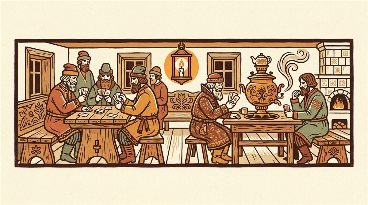 Старая изба, игра в карты при свече